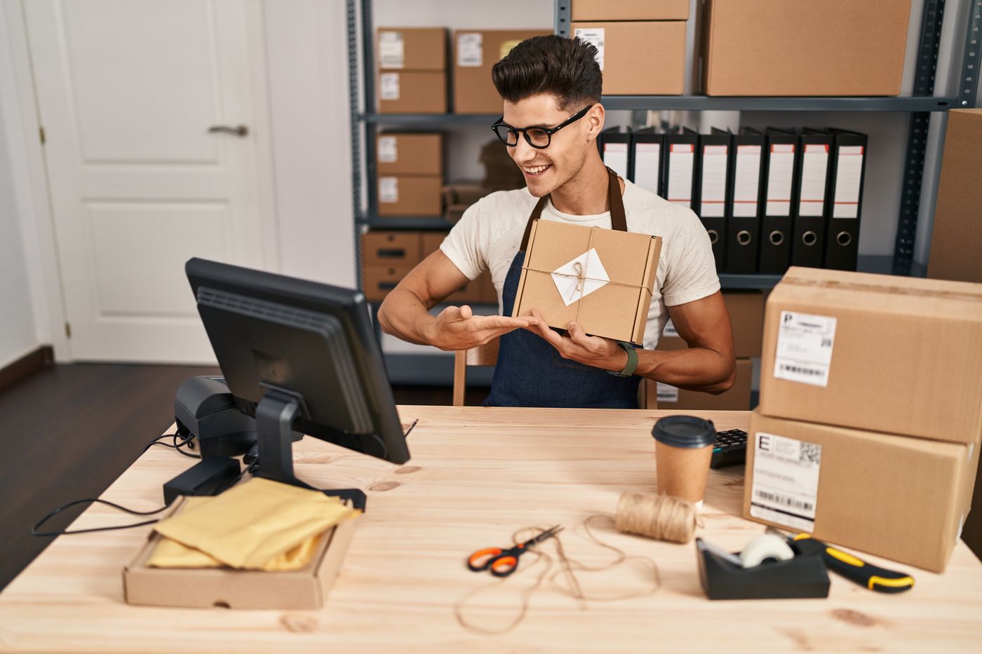 Online seller preparing an order at his desk